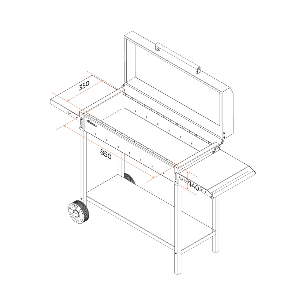 Мангал GRATAR "MAH 303" сталь 3 мм, крышка, полки, дровница, колеса
