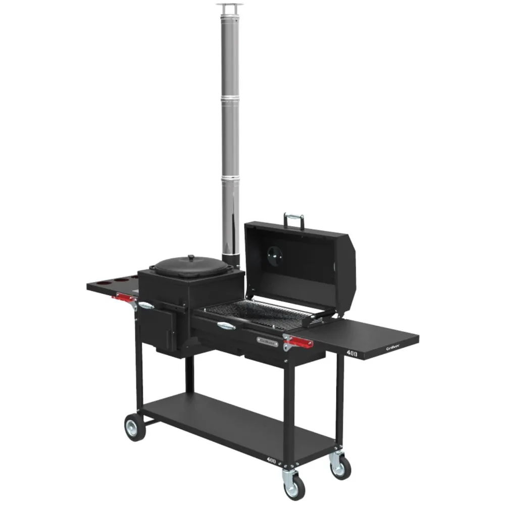 Мангал GRILLVER "Искандер-400 Комфорт Эир" с печью, сталь 3 мм, крышка, полки, зольник, дровница, колеса