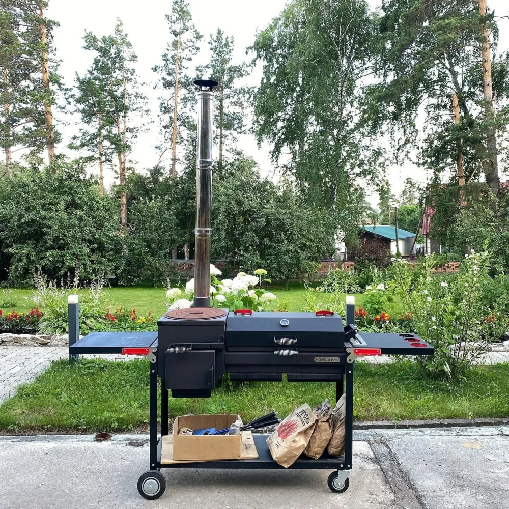 Мангал GRILLVER "Искандер-400 Комфорт Эир" с печью, сталь 3 мм, крышка, полки, зольник, дровница, колеса