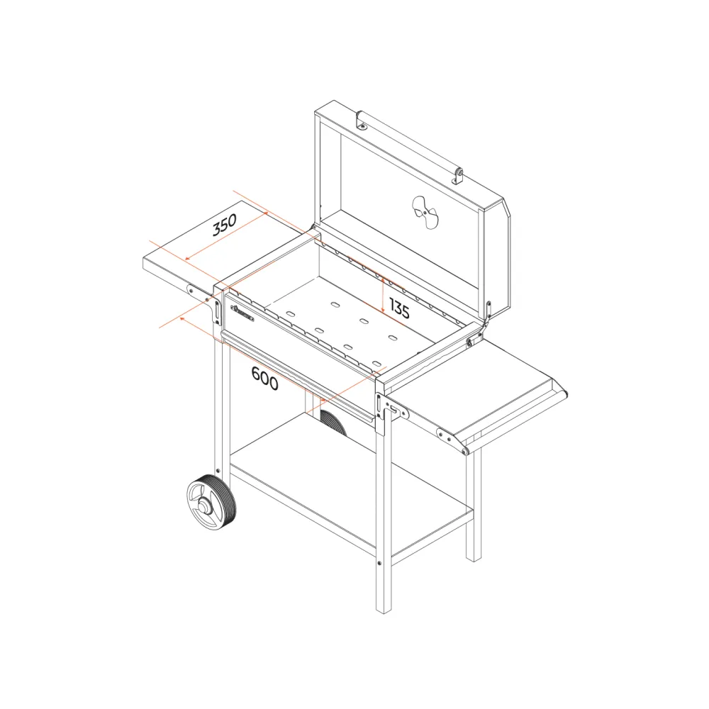 Мангал GRATAR "MAH 205" сталь 2 мм, крышка, зольник, термометр, полки, дровница, колеса