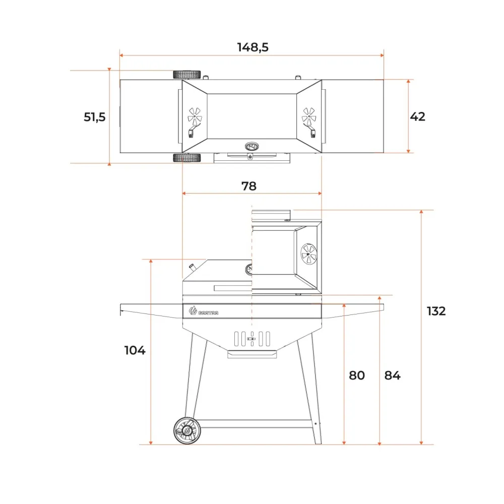 Гриль GRATAR "Master XL GM 720" сталь 2 мм, крышка, зольник, полки, дровница, колеса