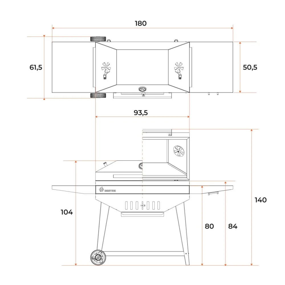 Гриль GRATAR "Master XL GM 880" сталь 2 мм, крышка, зольник, полки, дровница, колеса